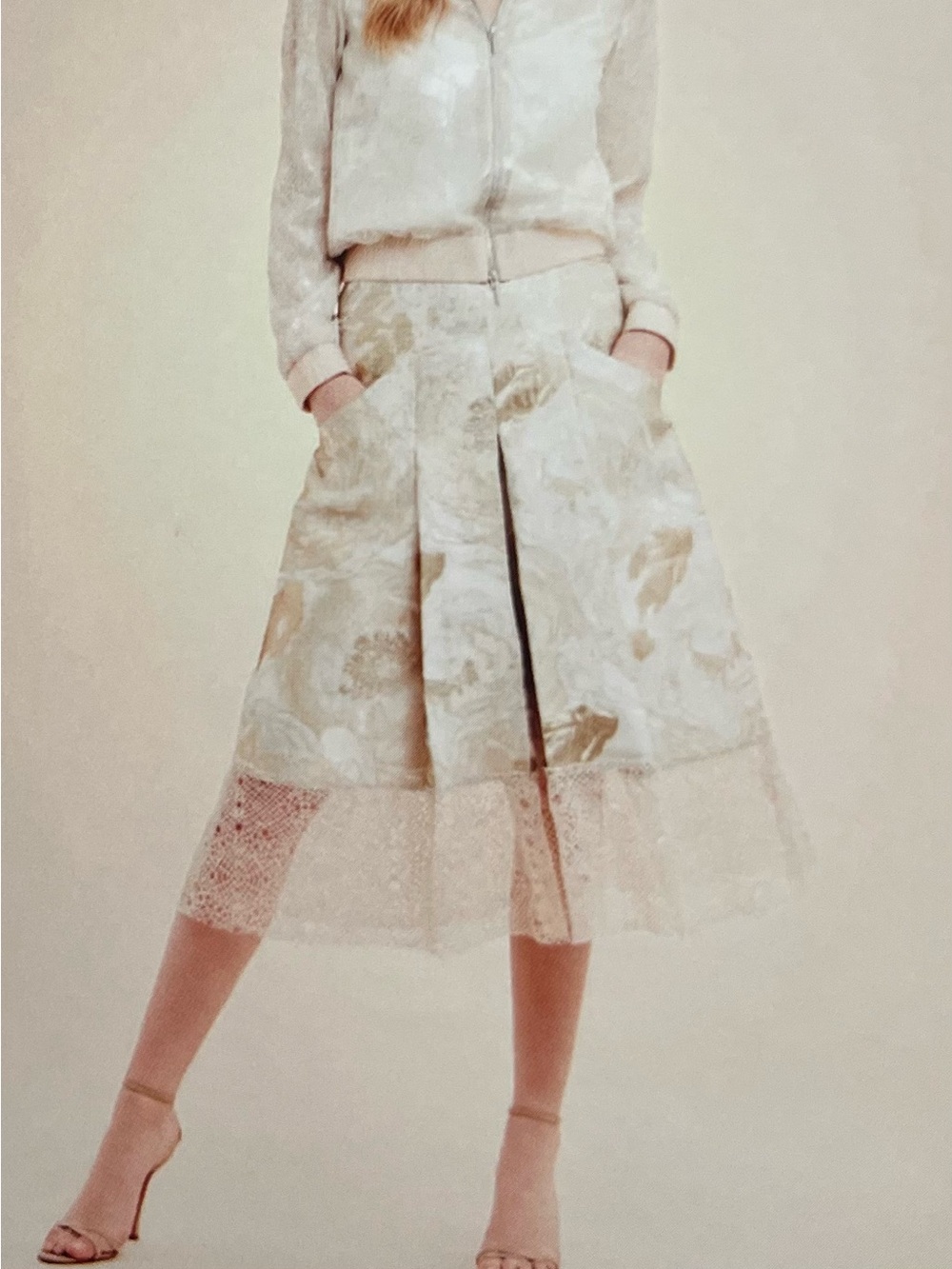 Carlisle Gold metallic jacquard pleated skirt with lace hem and pockets